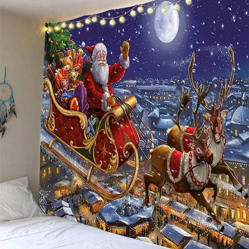 VIKAMA Santa Claus Sleigh Reindeer Tapestry Night Moon Snow City Gift Box Wall Hanging Xmas Holiday Party Photo Background Decor