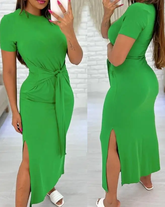 Women\'s Side Slit Casual Mid-Calf Dress Plain Knotted Tied Detail Design Summer New Fashion Short Sleeve Dresses Female