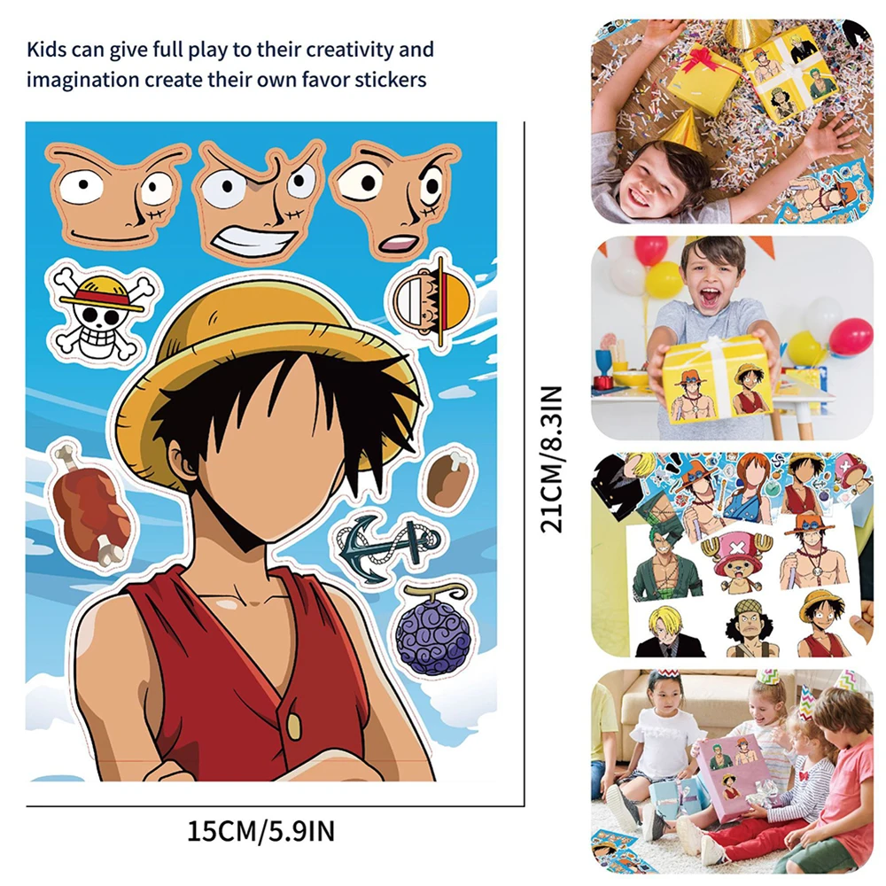 8/16Sheets Anime One Piece Puzzle Sticker Make a Face Game Kids DIY Assemble Jigsaw Cartoon Decals Educational Toy Children Gift