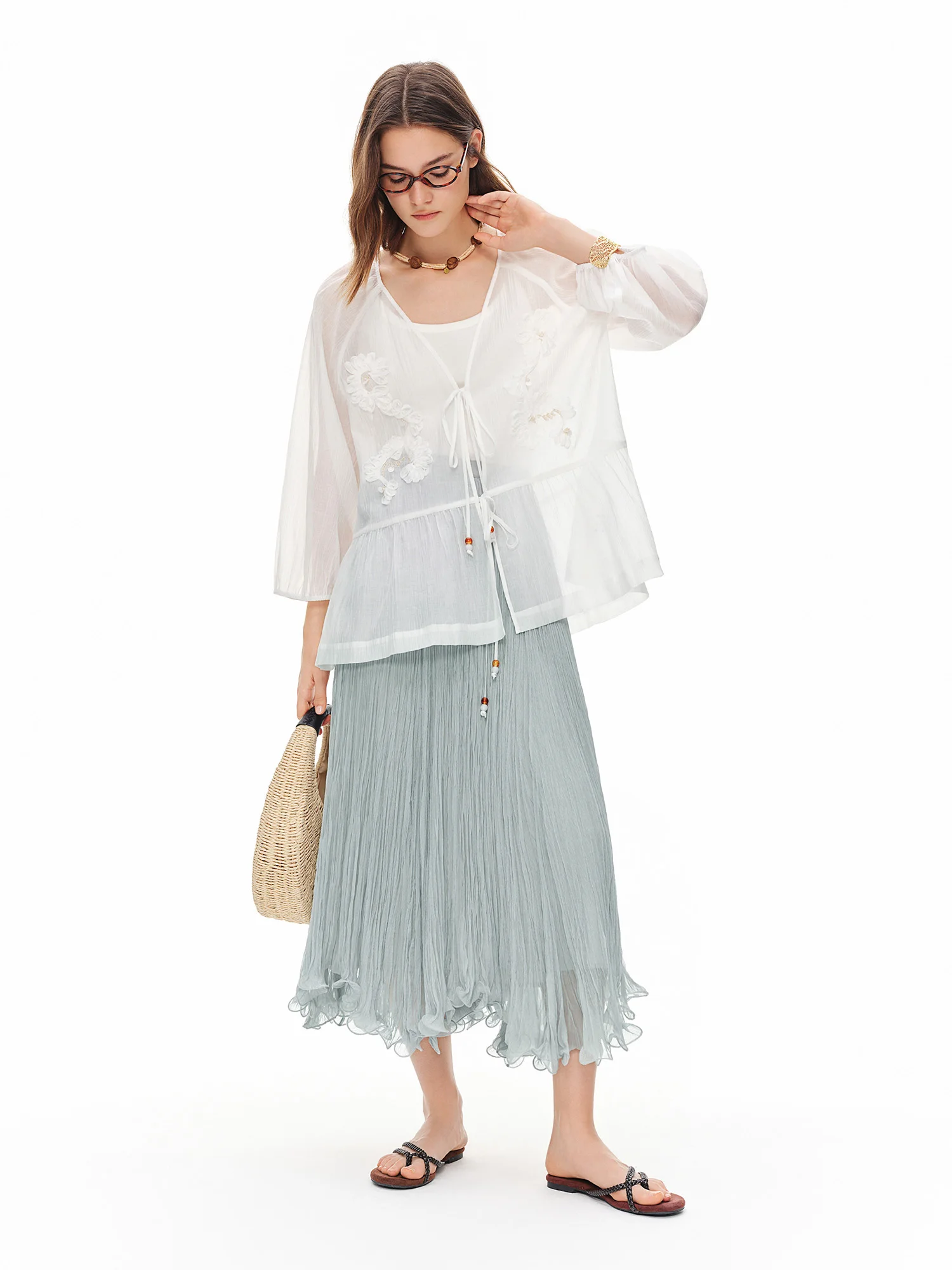 DUSHU Women High Waist A-Line Skirt 2026 Summer Chiffon Crinkled Ruffle Hem Flowy Casual Skirt Loose Fit Fairy Midi Light Blue