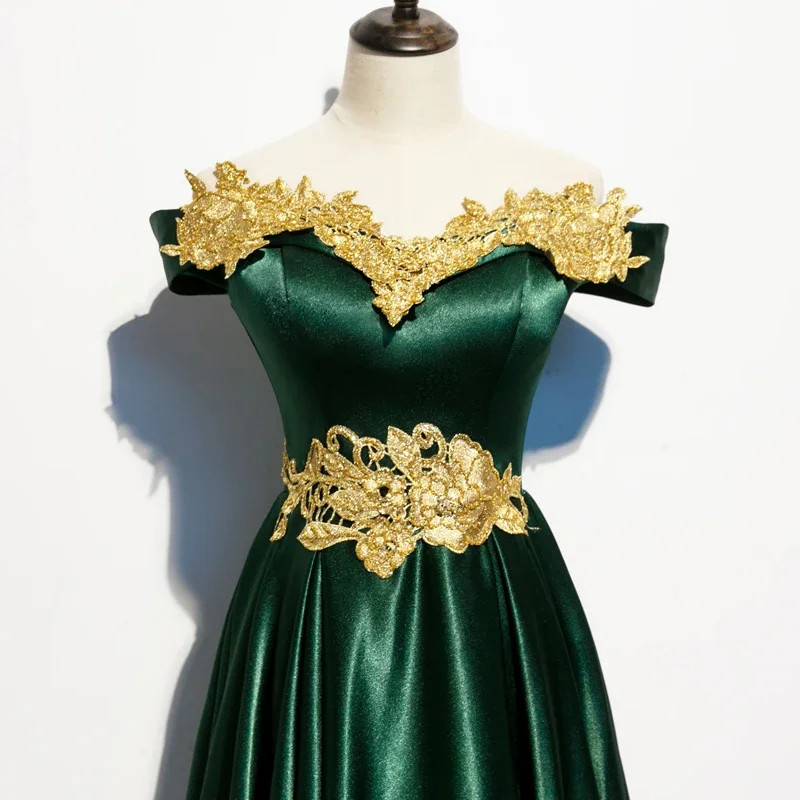 Evening Dress Green Satin Appliques A-line Floor-length Off the Shoulder  Short Sleeves Plus size Party Formal Gowns Woman R1487