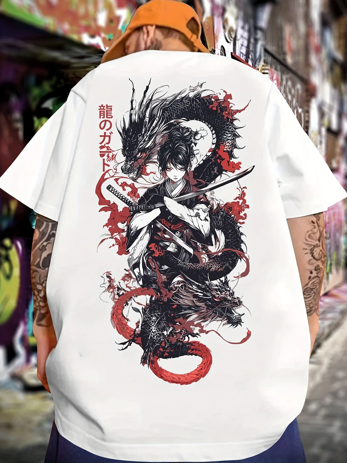 Summer Anime Character Black Dragon Letter Combination Pattern Print Trend T-shirt Casual Street 100% Pure Cotton Men's T-shirt