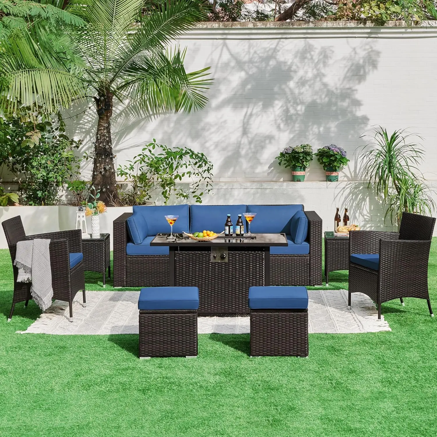 #3-Seat Patio Wicker Sofa, Outdoor Rattan Couch with Furniture Cover, Deep Seat High Back with Cushions & Throw, Customized