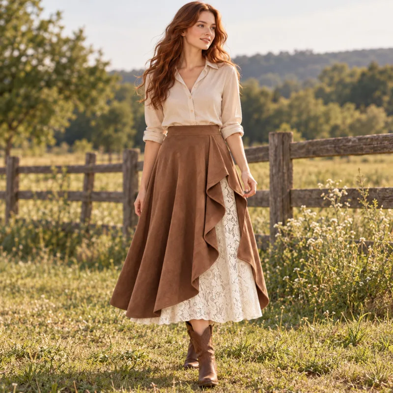 Women Vintage Western Suede Lace Splicing Skirt High Waist Ruffle Midi Skirt Boho Cowgirl Country Outfit Party Wedding Dress