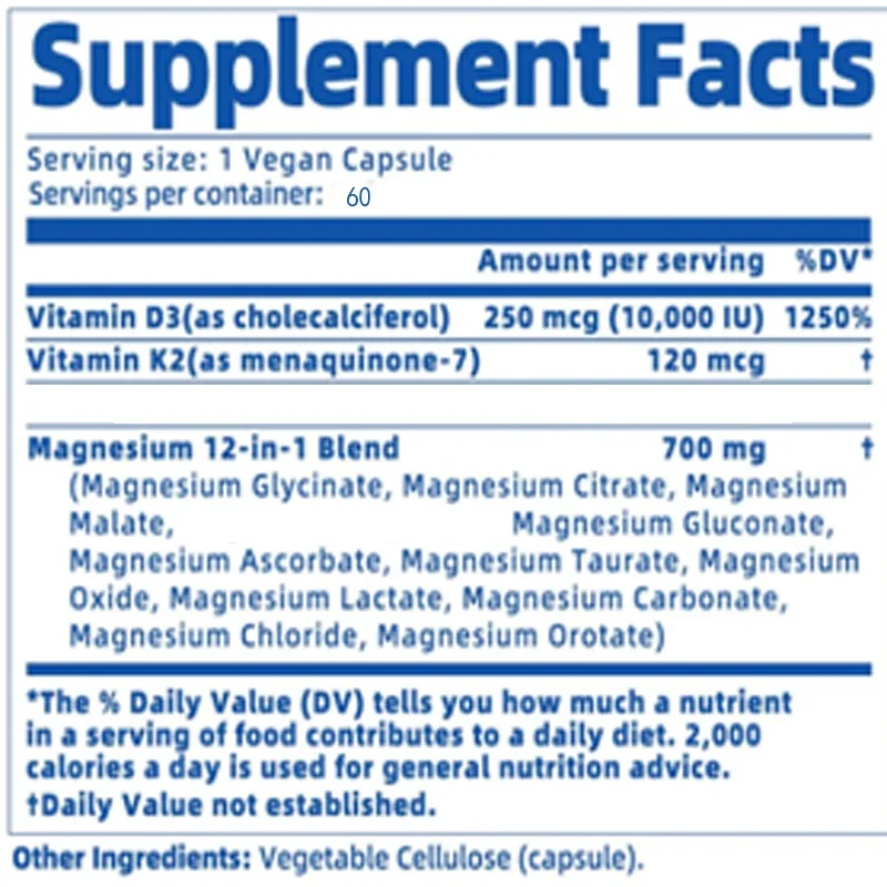Magnesium Complex 12 in 1700 Milligrams, Magnesium Glycinate Containing Vitamin D3 K2, Citric Acid, Malic Acid