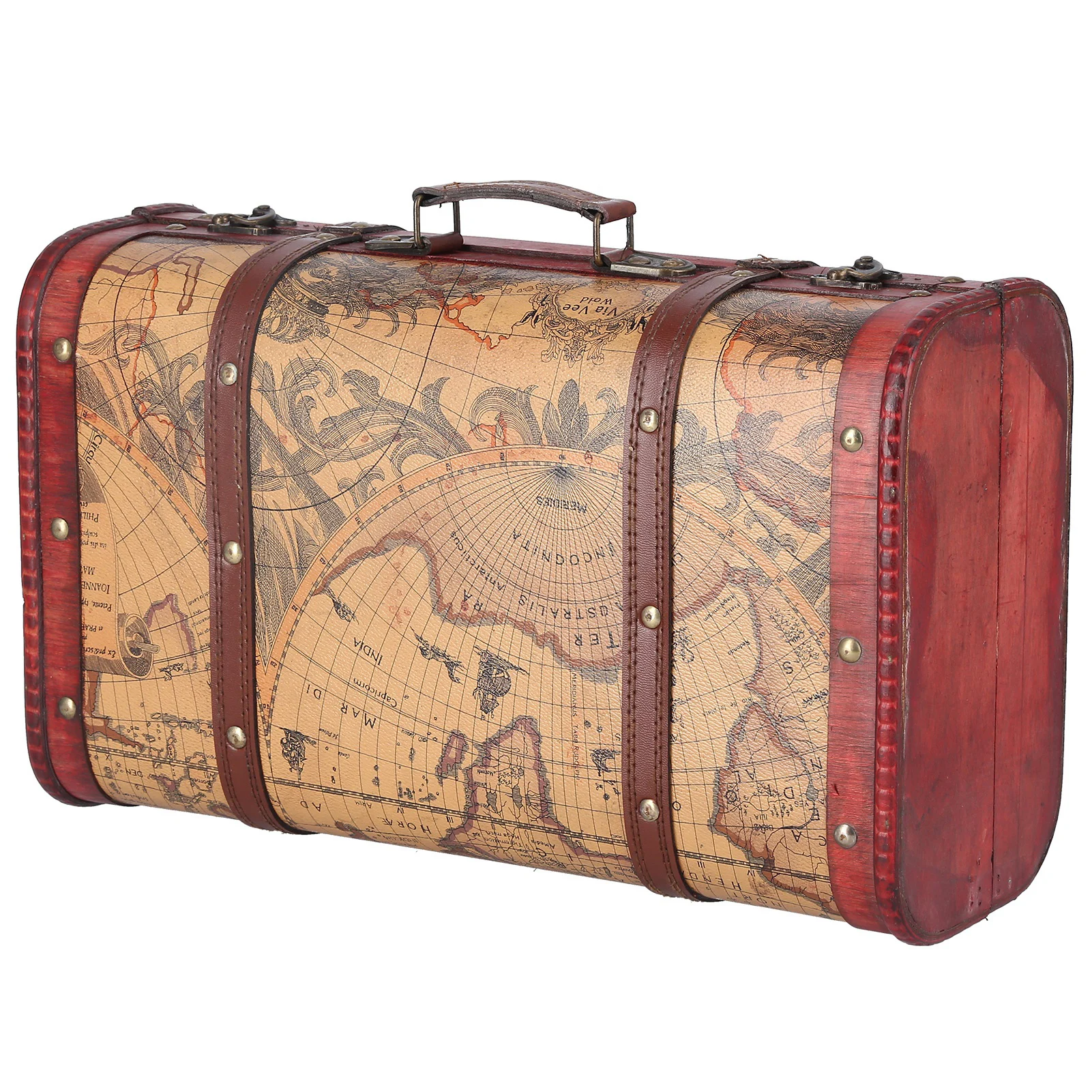 Retro Vintage Suitcase Large Capacity Portable Composite Wood Map Pattern Design Treasure Chest Storage Case for Home