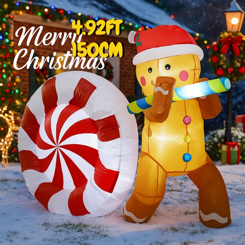 

4.92FT LED Lit Home Ornament Xmas Yard Party Decoration Inflatable Gingerbread Man Candy Cane Toy Christmas Supplie Festive Gift
