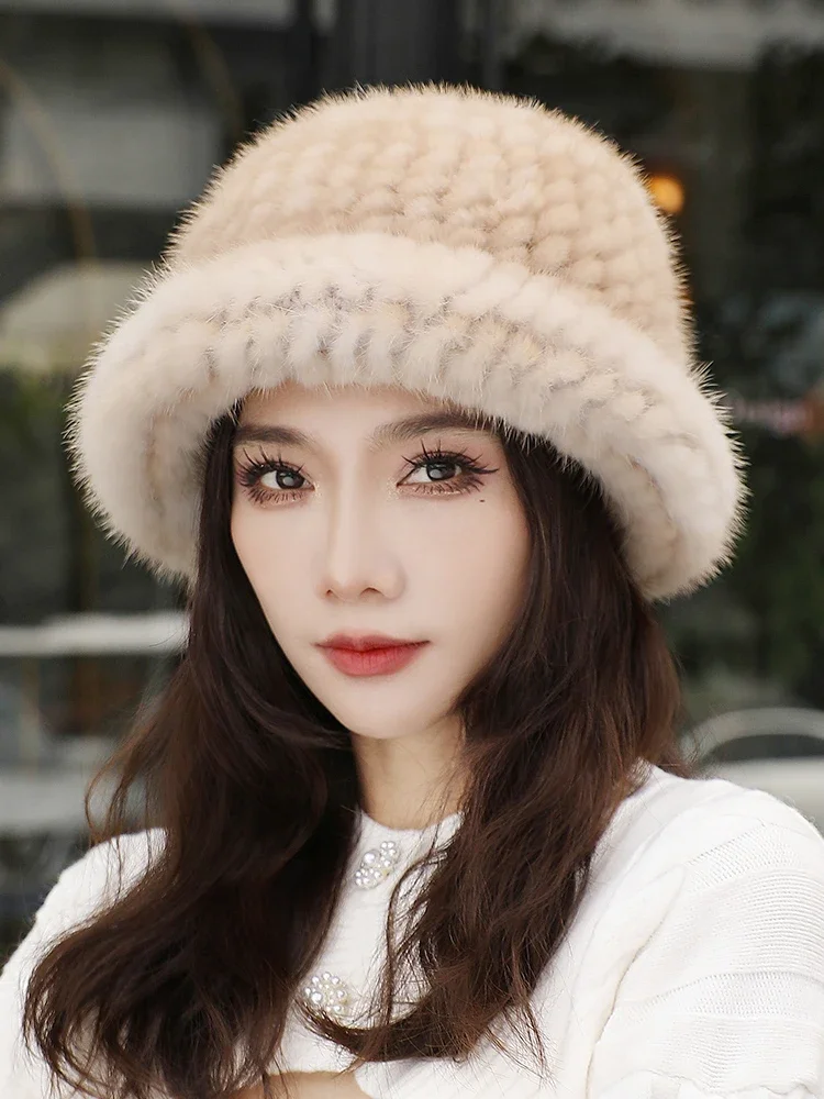 

Mink Fur Knitted Women's Hats Genuine Natural Fur Russian Hats Stretch Winter Thickening Warm Top Hats Bucket cap