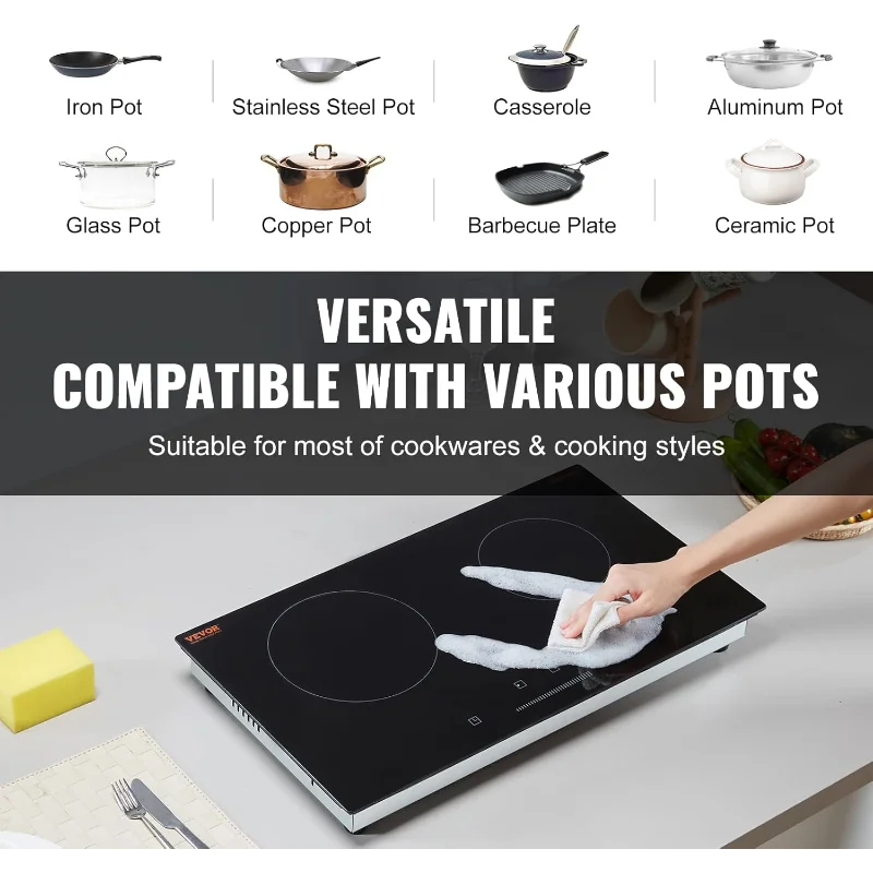 VEVOR 電気ラジアントクックトップ、24インチ 2バーナー内蔵電気ストーブトップ、1800W セラミックトップクックトップ、ガラスパネル付き