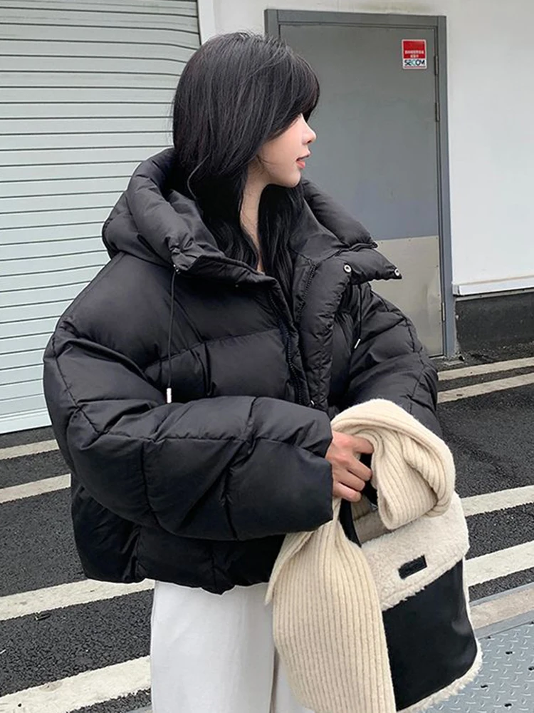 شتاء دافئ الوردي سترات المرأة فضفاضة طويلة الأكمام الحلو مقنعين سترة قطن الكورية موضة نمط Preppy الإناث لطيف منتفخ معطف #3