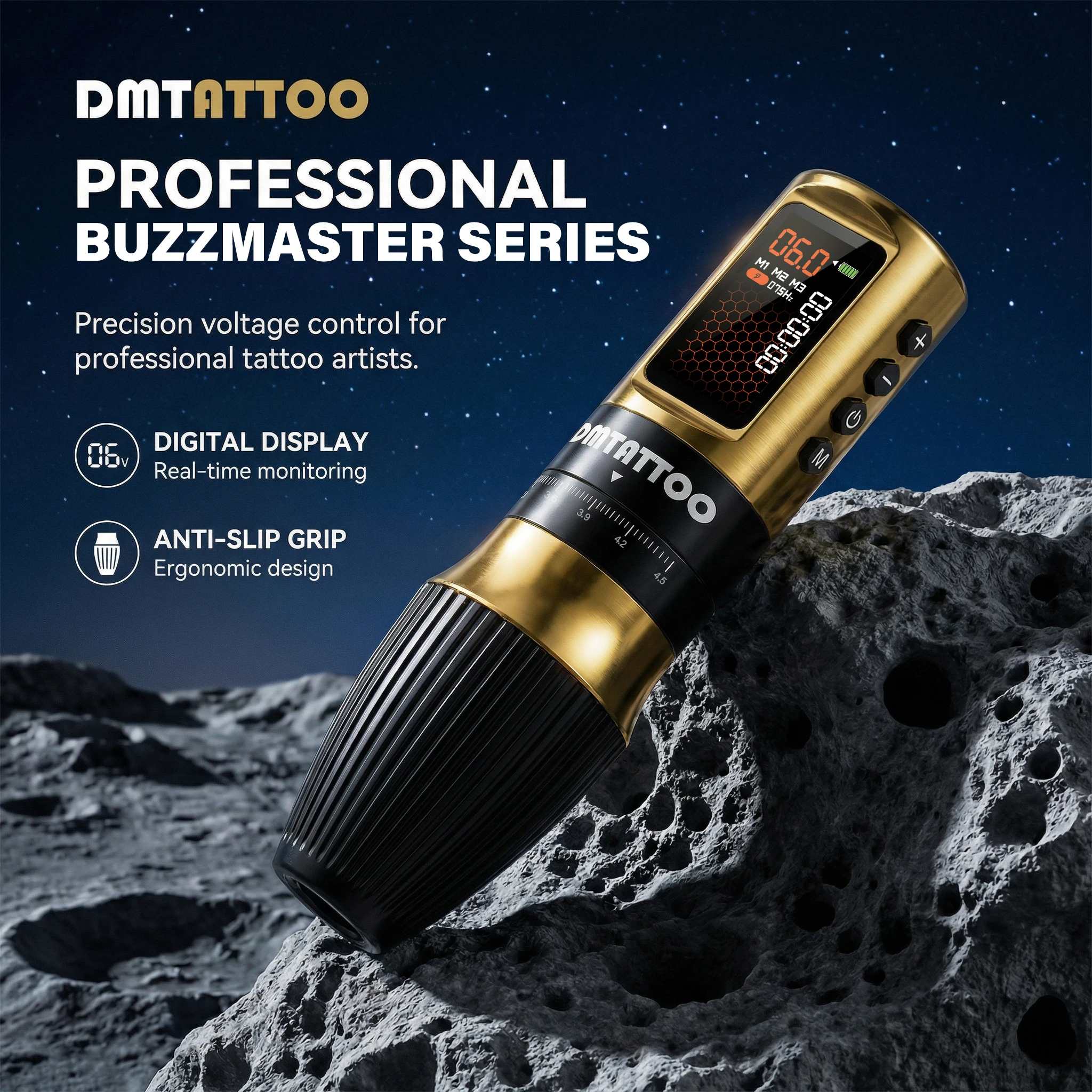 DM Buzzmaster Wireless Adjustable Stroke Tattoo Machine Coreless Motor Tattoo Pen 1800mAh High-Capacity Battery for Artist Body