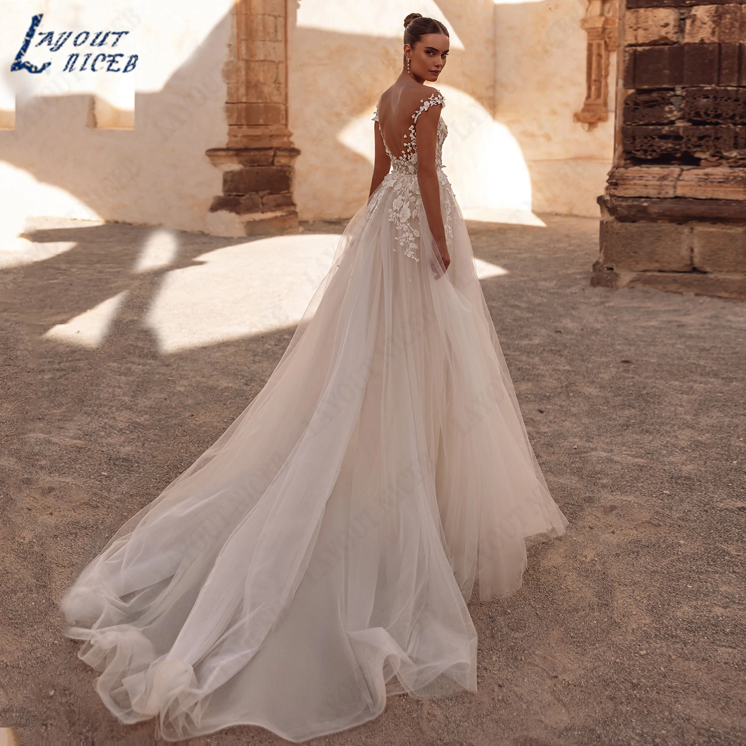 LAYOUT NICEB Customied Made Lace Applique Tulle Wedding Dress Scoop Deep V Back  A Line Bridal Gown Boho Bride Dresses For Woman