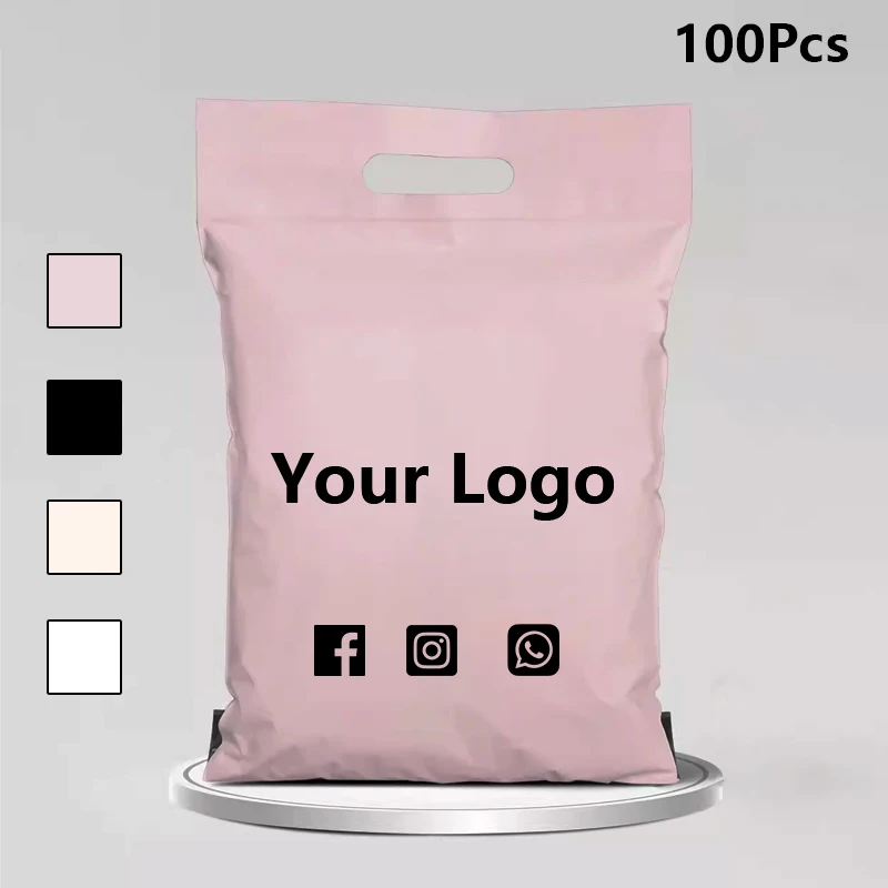 100Pcs/lot Custom Logo Shipping Bags Mail Bags with Handle Plastic Gift Bags Print One Color Logo On One Side Free Desgin Print