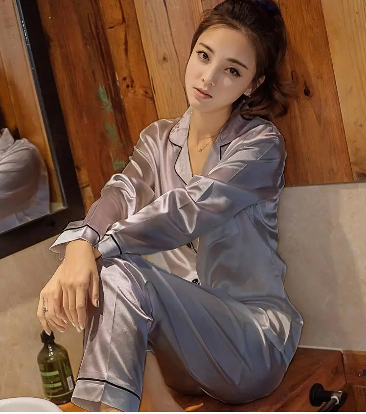 Free shipping! Pyjamas Set Women Silk Satin Long Sleeve Sleepwear Pijama Suit Female Sleep Two Piece Set Loungewear