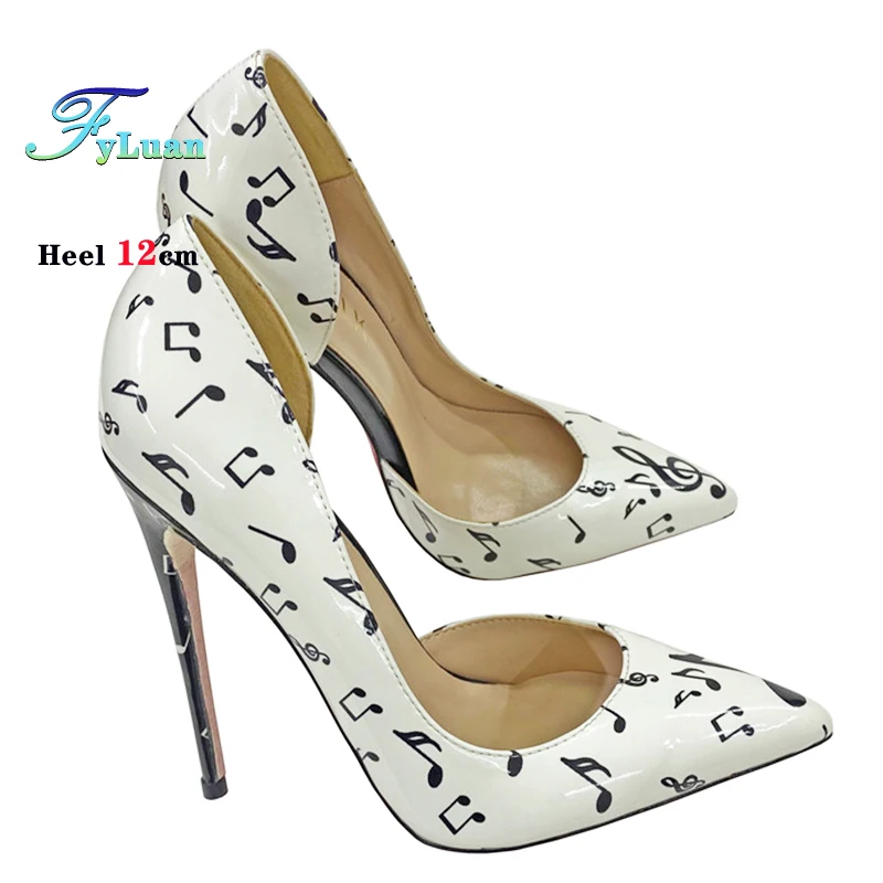 Spring And Summer White Print High Heels Women Thin Heel Shallow Mouth Single Shoes 8-12CM Stiletto Nightclub Party Female Pumps