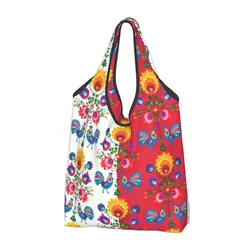 Custom Polish Folk Flowers And Roosters Shopping Bags Women Portable Big Capacity Grocery Poland Floral Art Shopper Tote Bags