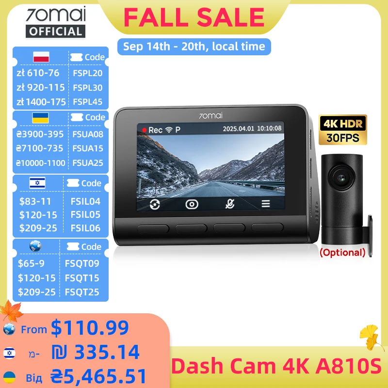 70mai A810S 4K Dash Cam IMX678 Dual HDR Supercapacitor 4G LTE Remote Control Wi-Fi 6 5GHz Voice Control GPS ADAS Car Camera