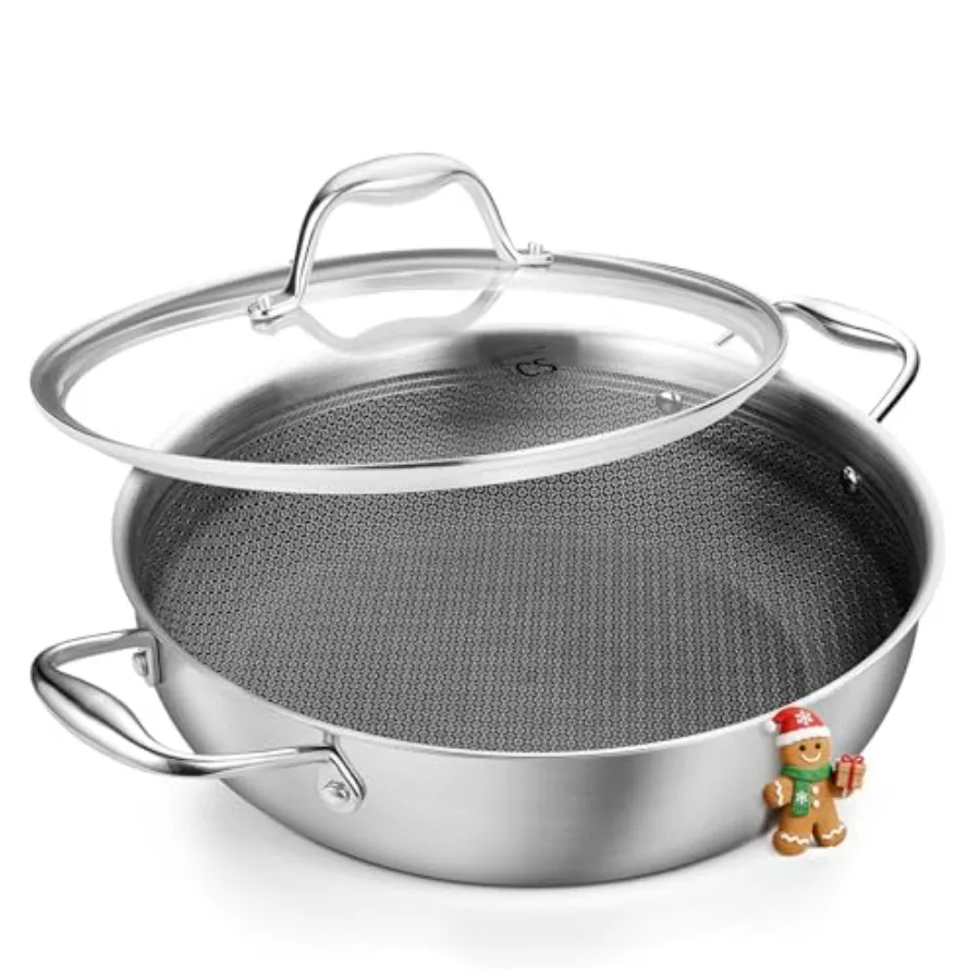 

Трехслойная сковорода-сотейник из нержавеющей стали 12 дюймов с антипригарным покрытием, сковорода-сотейник из нержавеющей стали с крышкой, глубокая сковорода для жарки 6 кварт с внутренним покрытием Oneycom