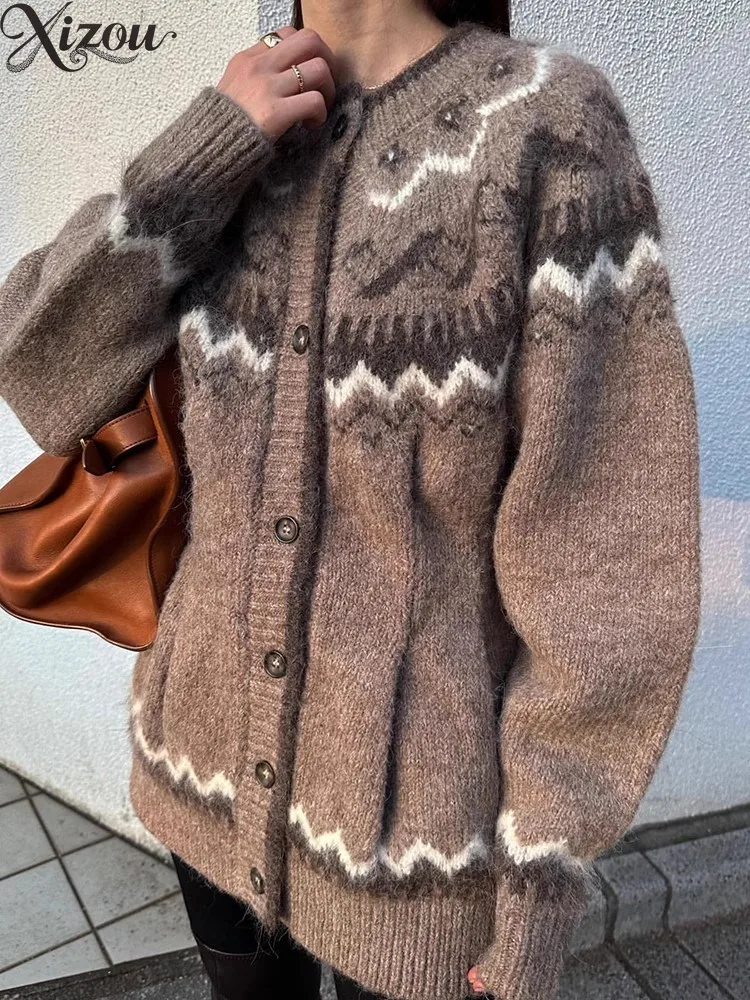 

Женский вязаный кардиган в стиле ретро в скандинавском стиле, свитер, пальто из жаккардовой шерсти с длинными рукавами и круглым вырезом на пуговицах, контрастный, толстый, теплый, осень-зима