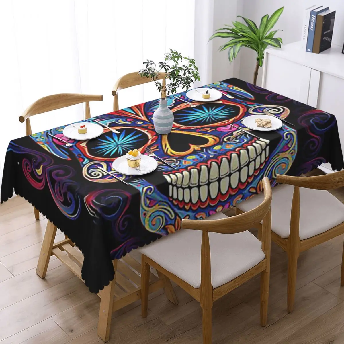 Mexican Sugar Skull Day Of The Dead Sugar Skull Custom Rectangular Tablecloth Waterproof Table Cover for Dining Table Cloth