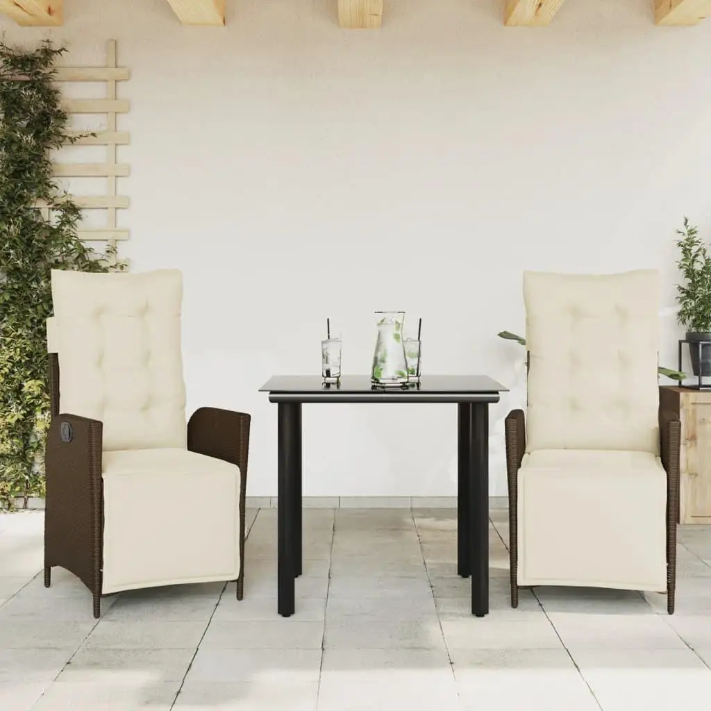 3-Piece Brown Poly Rattan Patio Dining Set with Cushions - Perfect Outdoor Furniture