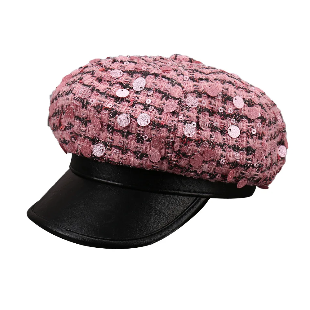 

Модная восьмиугольная шляпа, украшенная блестками, берет для уличного темперамента, универсальная шляпа газетчика для путешествий для девочек.