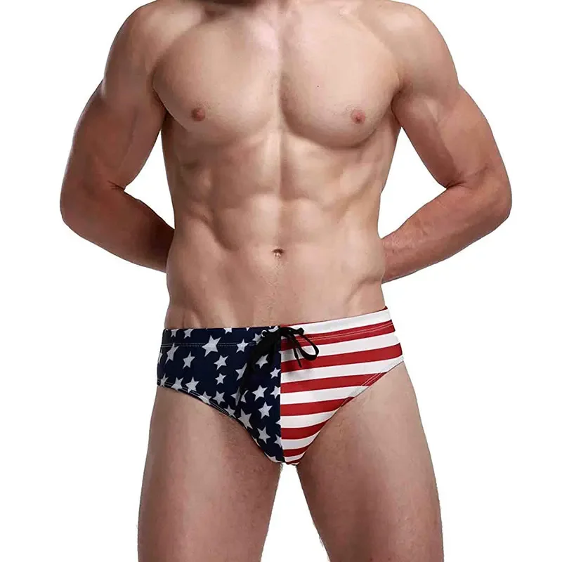 Bañador de tiro bajo con bandera americana para hombre, ropa interior Sexy, Bikini de playa, bañador, pantalones cortos de Surf