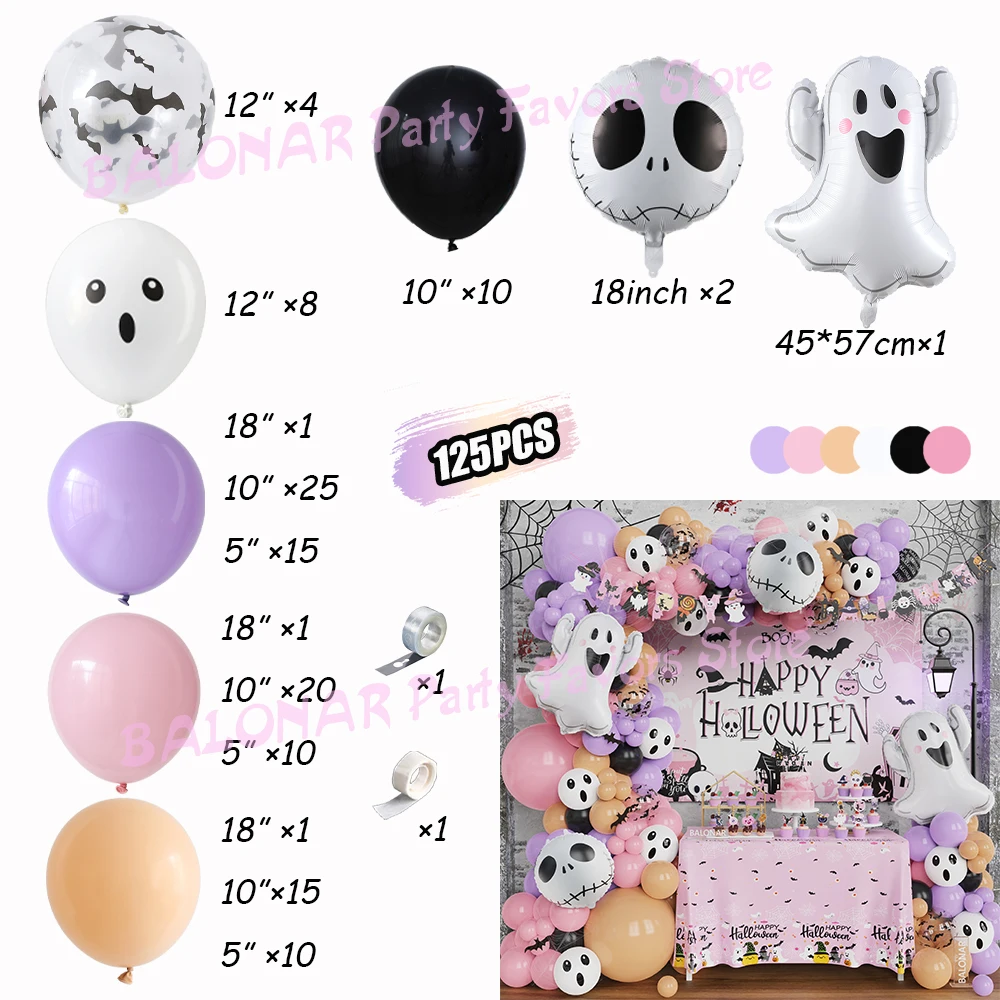 125Pcs Halloween Purple Pink Balloons Garland Wreath Kit Printed Bat Transparent Latex Balloon Spooky BOO Birthday Party Supplie