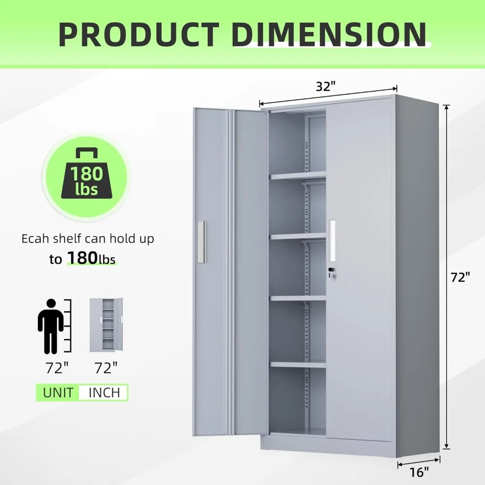 Gabinete de almacenamiento de garaje de metal, puertas con cerraduras y estantes ajustables, almacenamiento alto, gabinete de herramientas de acero resistente para el hogar