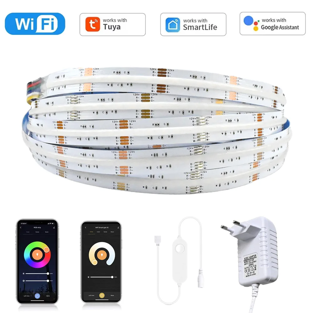 TUYA WiFi COB RGB + CCT Led قطاع 12 فولت 1 متر 2 متر 3 متر 4 متر 5 متر RGBCW عكس الضوء مرنة لتقوم بها بنفسك غرفة لعبة حفلة ضوء ديكور ل أليكسا جوجل المنزل
