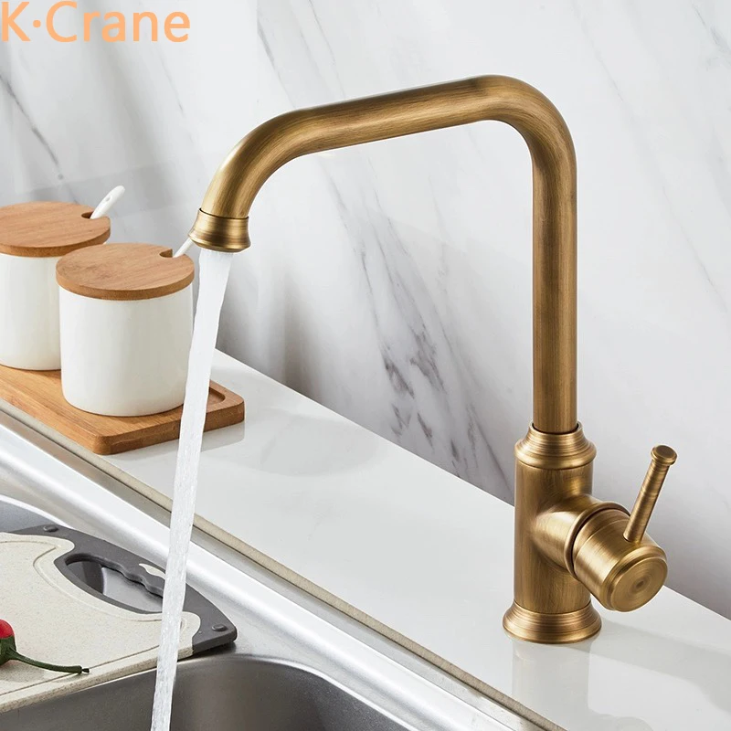 

Kitchen Sink Faucet Hot Cold Mixer 360 Degree Rotation Countertop Tap Deck Mount Brush Antique Gold Copper Retro Luxury Faucets