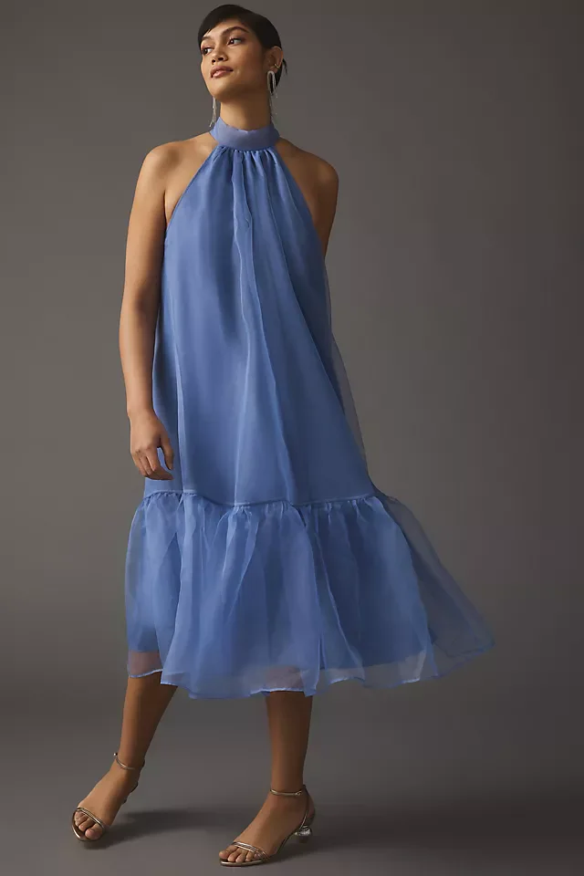 Fashion Dusty Blue Organza Mid Calf Women Dresses Halter Bow A-line Grils Summer Dress Date Party Dress