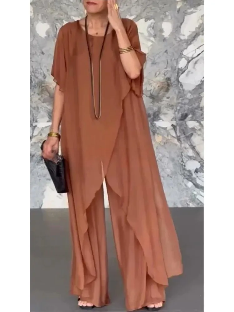 

Women Irregular Top Loose Trousers Chiffon 2 Pieces Sets Summer Casual Short Sleeve Solid Blouse Wide Leg Full Trousers Suits