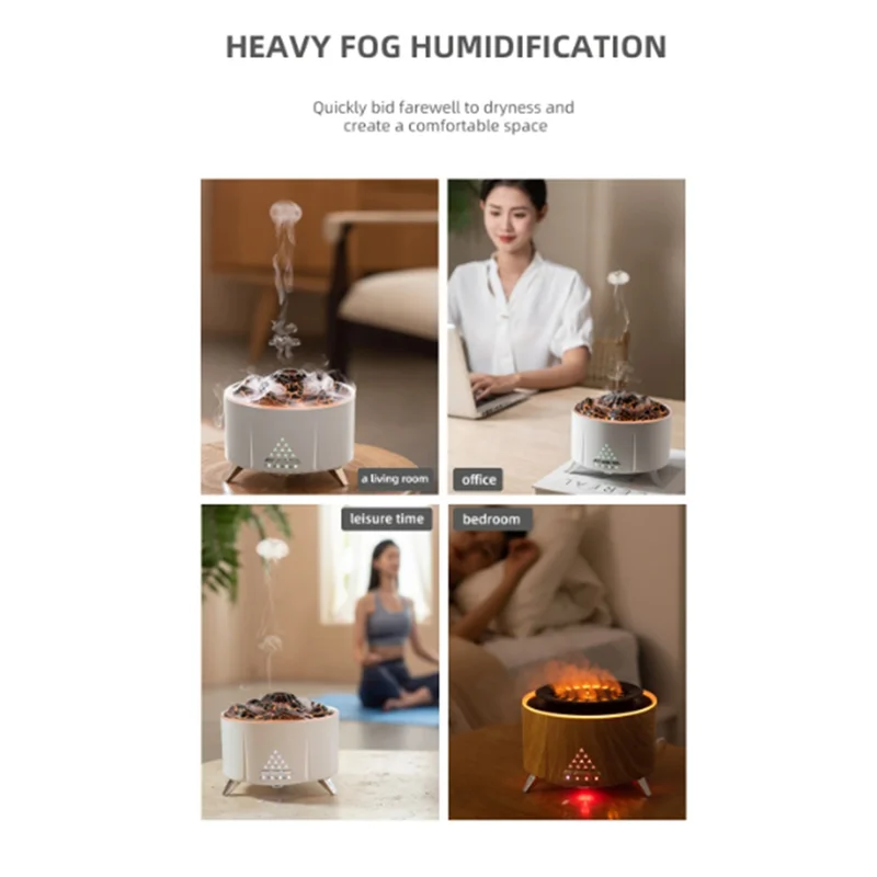 火山加湿器炎ディフューザー火災アロマエッセンシャルオイル家庭用ミニ空気喫煙クラゲミストリング EU Plug-A77G