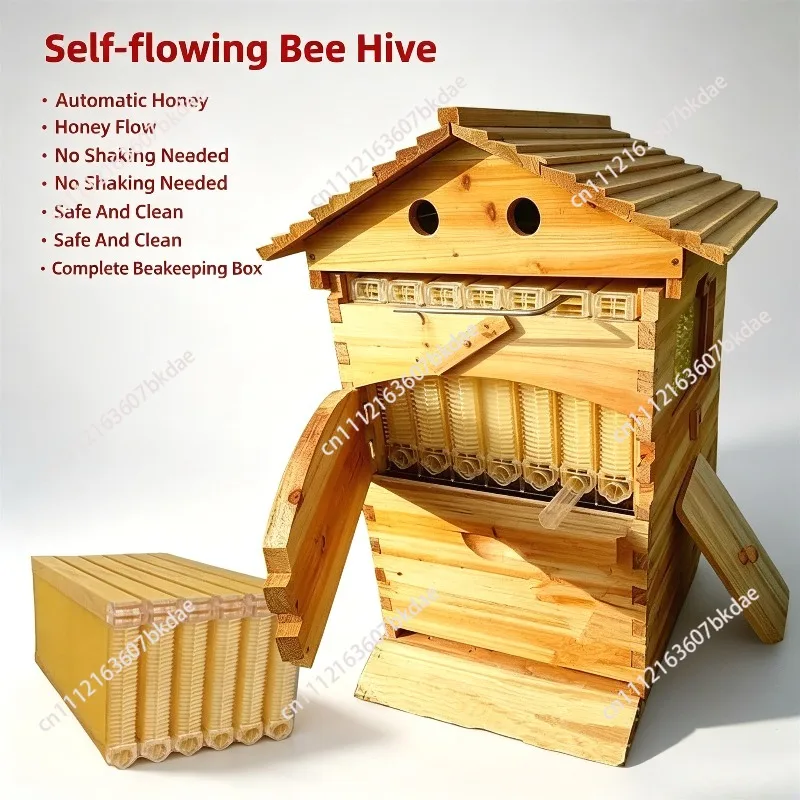 Self‑Flowing Bee Hive Automatic Complete Wooden Beekeeping Kit, Honey Harvest Box Equipment For Backyard Apiary Hobby Beekeeper
