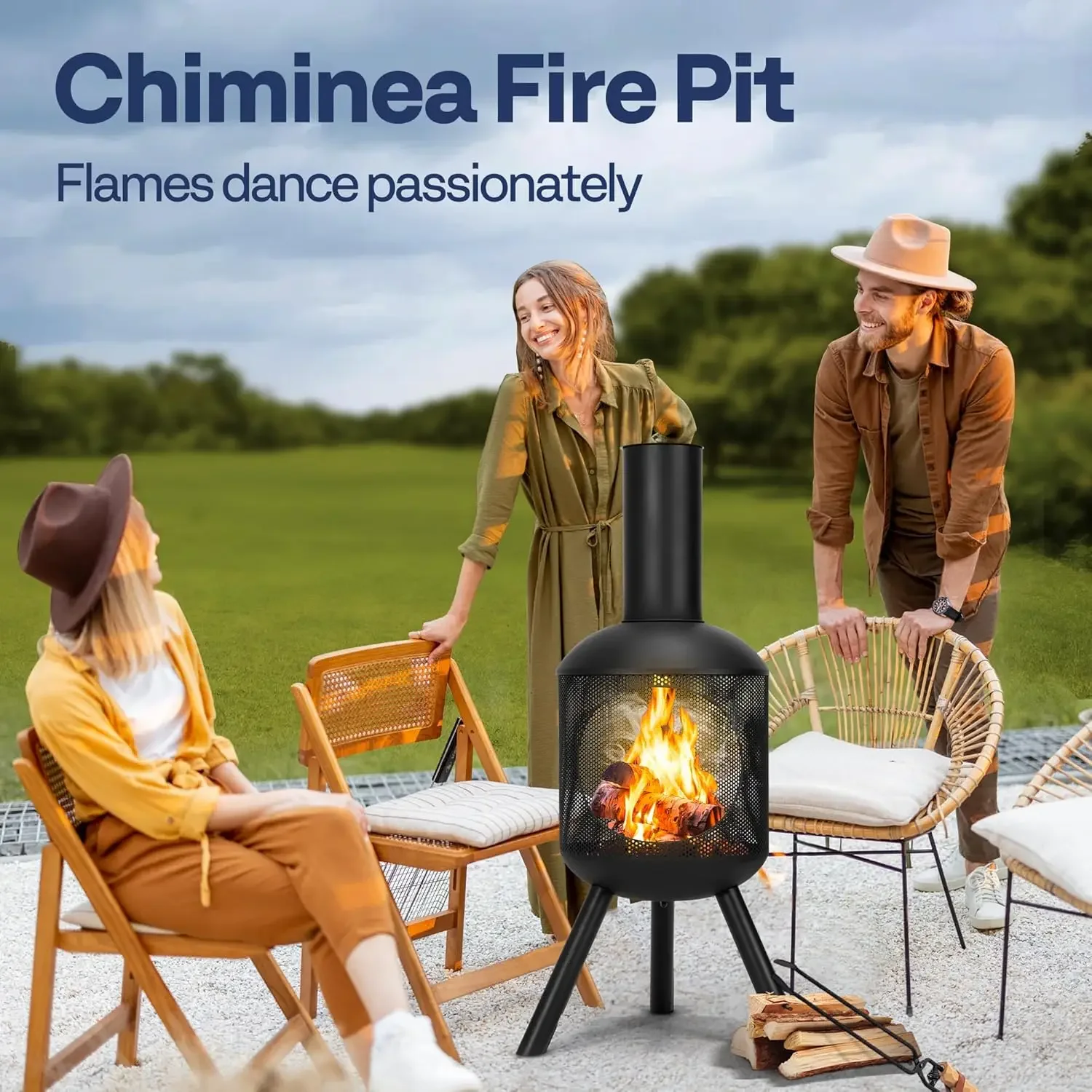 46 Inch Chiminea Outdoor Fireplace - Cold-Rolled Steel Wood Burning Fire Pit with Mesh Design, Top Chimney Cover & Fire Poker