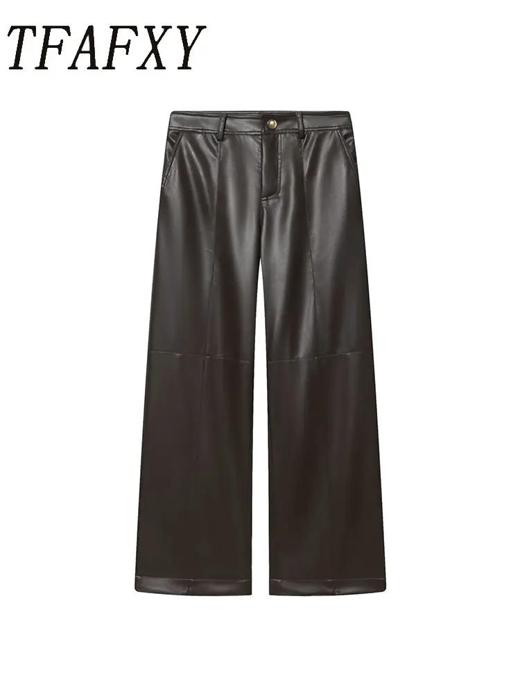 TFAFXY Damen-Kunstlederhose, 2025, Herbst-Winter, hohe Taille, Hose, weibliche Freizeithose, Straßenhose, Y2K