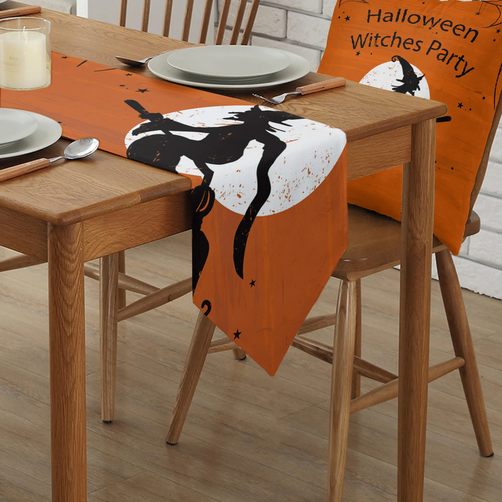 Witch Halloween Broom Full Moon Web Country Wedding Decor Tablecloth Placemat Dinning Table Art Table Runners