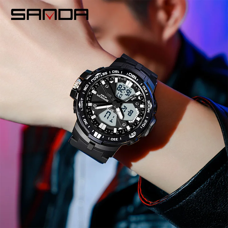 SANDA Top Brand Men\'s Sports Dual Screen Electronic Watch Multifunction Countdown Timing Waterproof LED Digital Male Wrist watch