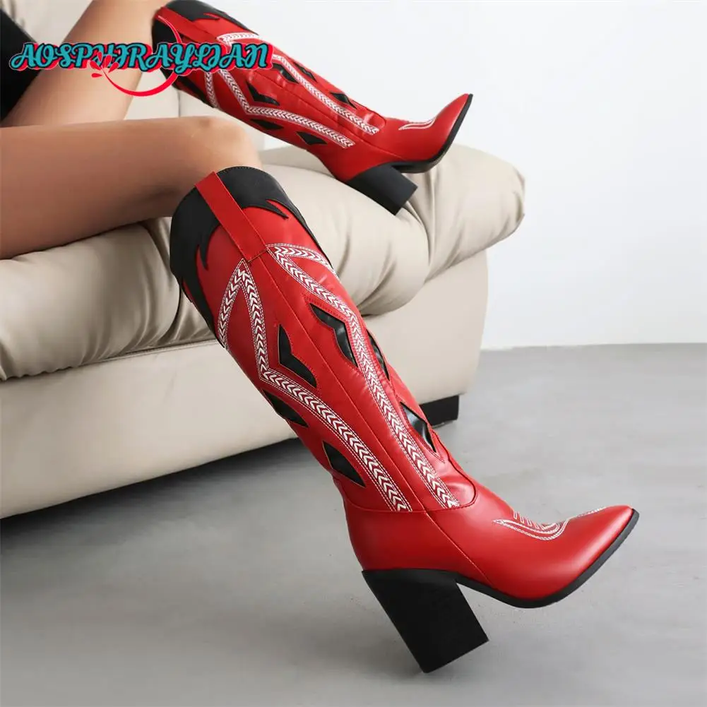 Brand Ladies Mixed Colors Knee High Cowboy Boots Fashion Embroider Chunky Heels women's Cowgirl Boots Party Street Woman Shoes