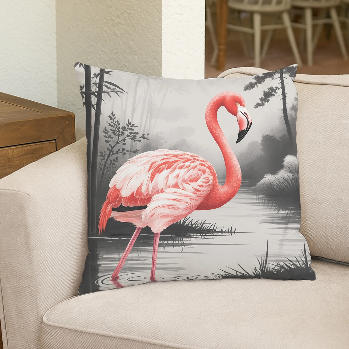 Cute Flamingo & Stripe Pattern Polyester Pillow Cover - 2D Printed Cushion Case for Home Sofa Bedroom Decor, No Insert Included