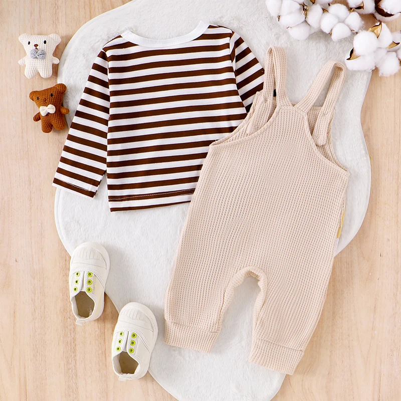 Baby Boy Girl Fall Outfits Striped Long Sleeve Tops Bear Embroidery Full Length Overalls Romper 2 Piece Set