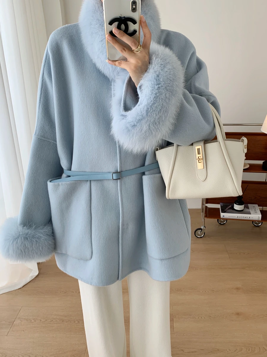 New Autumn Winter Real Woolen coats Korean Style Multiple Colour Natural fox Fur Jackets