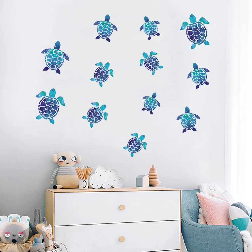 Blue Watercolor Sea Turtle Wall Decals, Removable PVC Stickers for Bathroom, Bedroom, Kids Room, Ocean Themed Home Decor