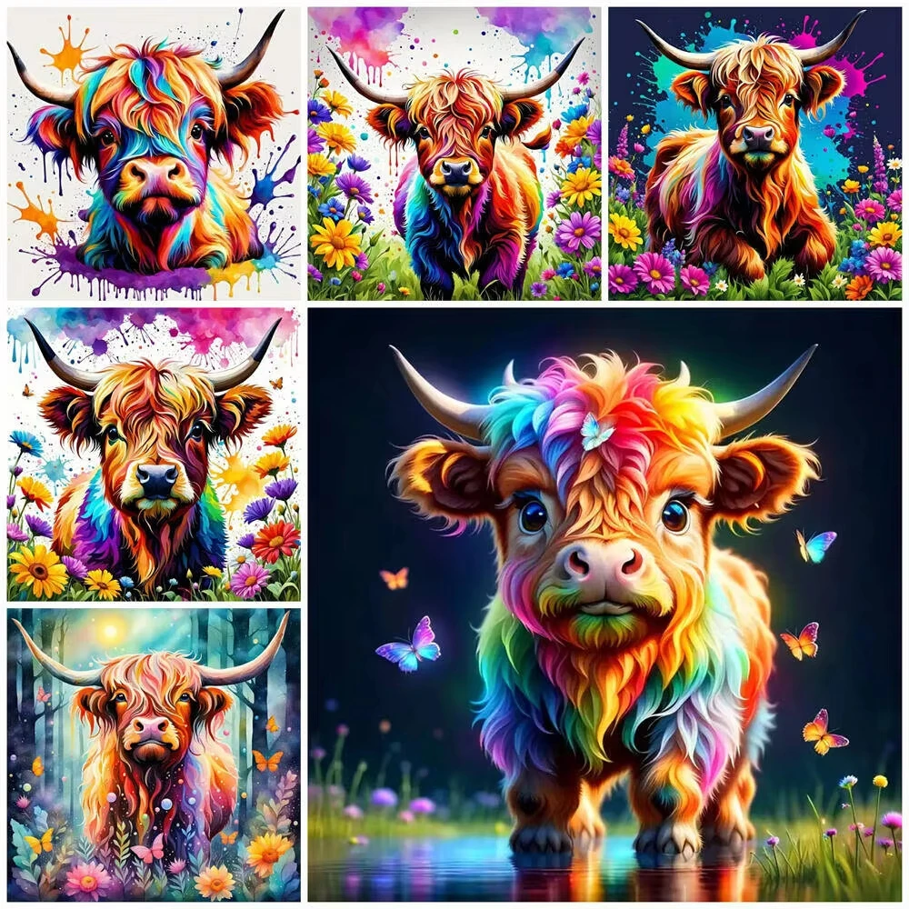 

Rainbow Highland Cow Collage Jigsaw Puzzle, Colorful Splash & Floral Background Living Room Wall Decor High Quality