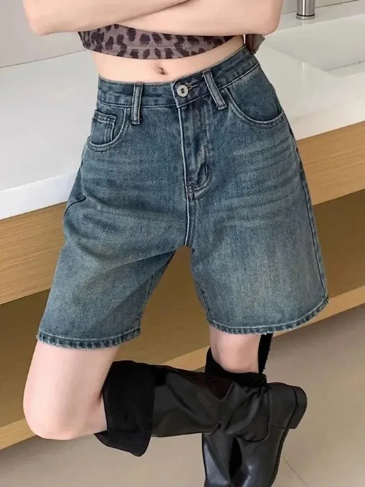 

Woman Summer Korean High Waist Baggy Jean Shorts Vintage Blue Denim Shorts Women Fashion Streetwear Straight Knee Length Jeans