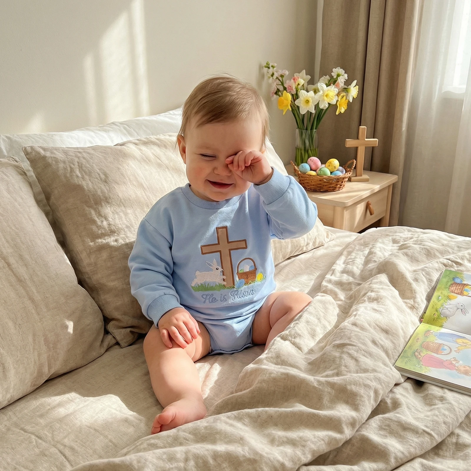 

Пасхальный комбинезон для маленьких мальчиков, милый весенний комбинезон с длинными рукавами и круглым вырезом, с вышивкой в ​​виде кролика и яйца