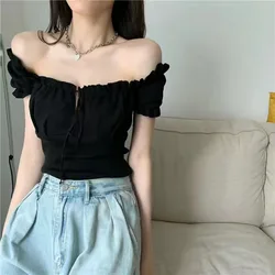 New Summer Fashion Y2K T-shirt Woman Sleeveless Shoulder Off Sexy Clothes Crop Top Women Pleated Bandage Tee Shirt Femme