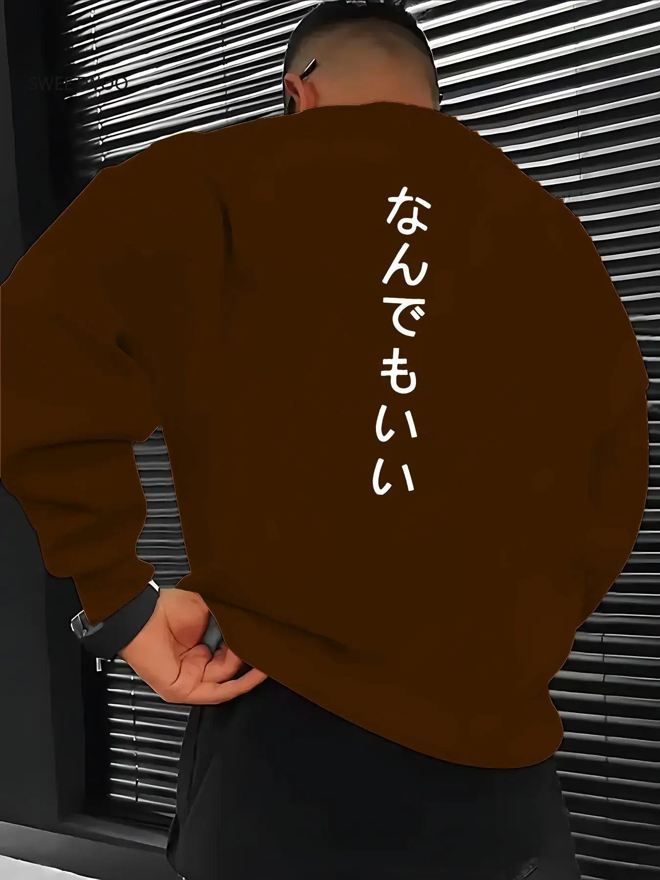 

Men's Casual Crew Neck Sweatshirt with Japanese Text Print, Loose Fit Long Sleeve Pullover for Fall/winter, Streetwear Style