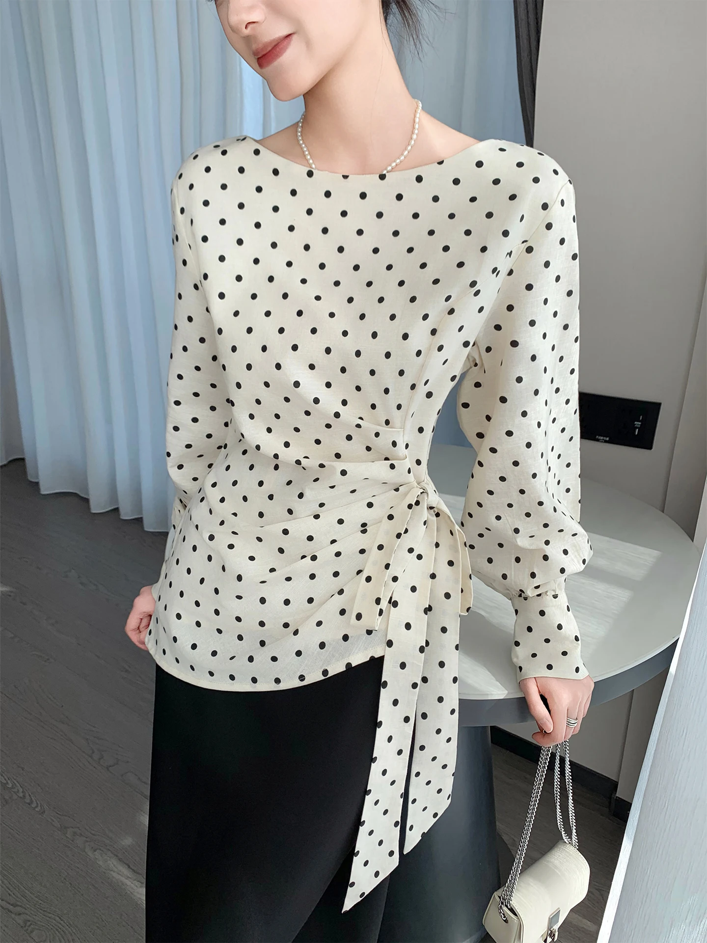 

Bla White Polka Dot Long Sve Women's irt round Ne Tie Waist Slimming Top Vintage Sle Spring 2026 New Arrival